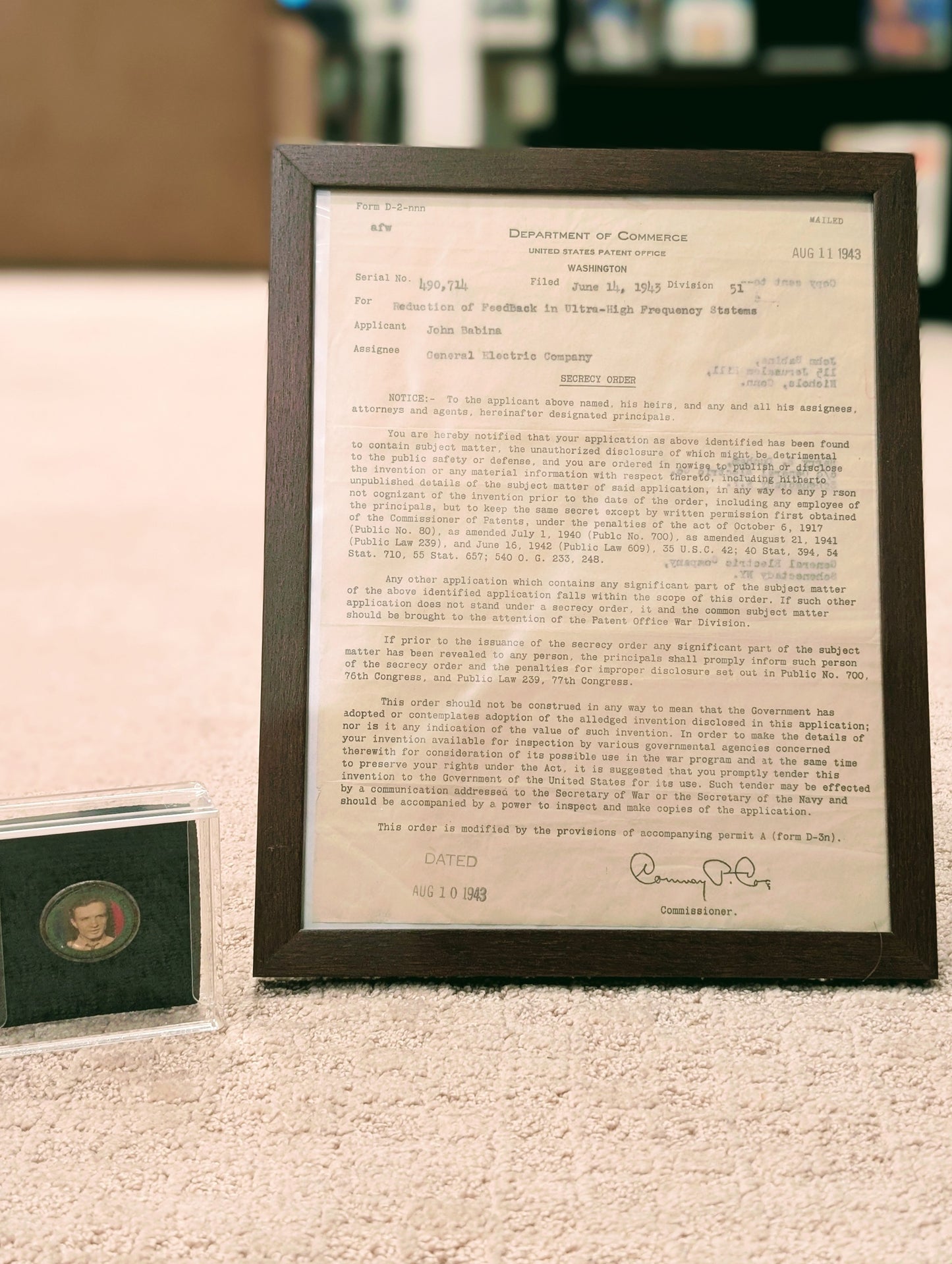 World War II Patent Secrecy Order & War Time General Electric Security Badge (1943)