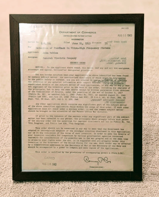 World War II Patent Secrecy Order & War Time General Electric Security Badge (1943)